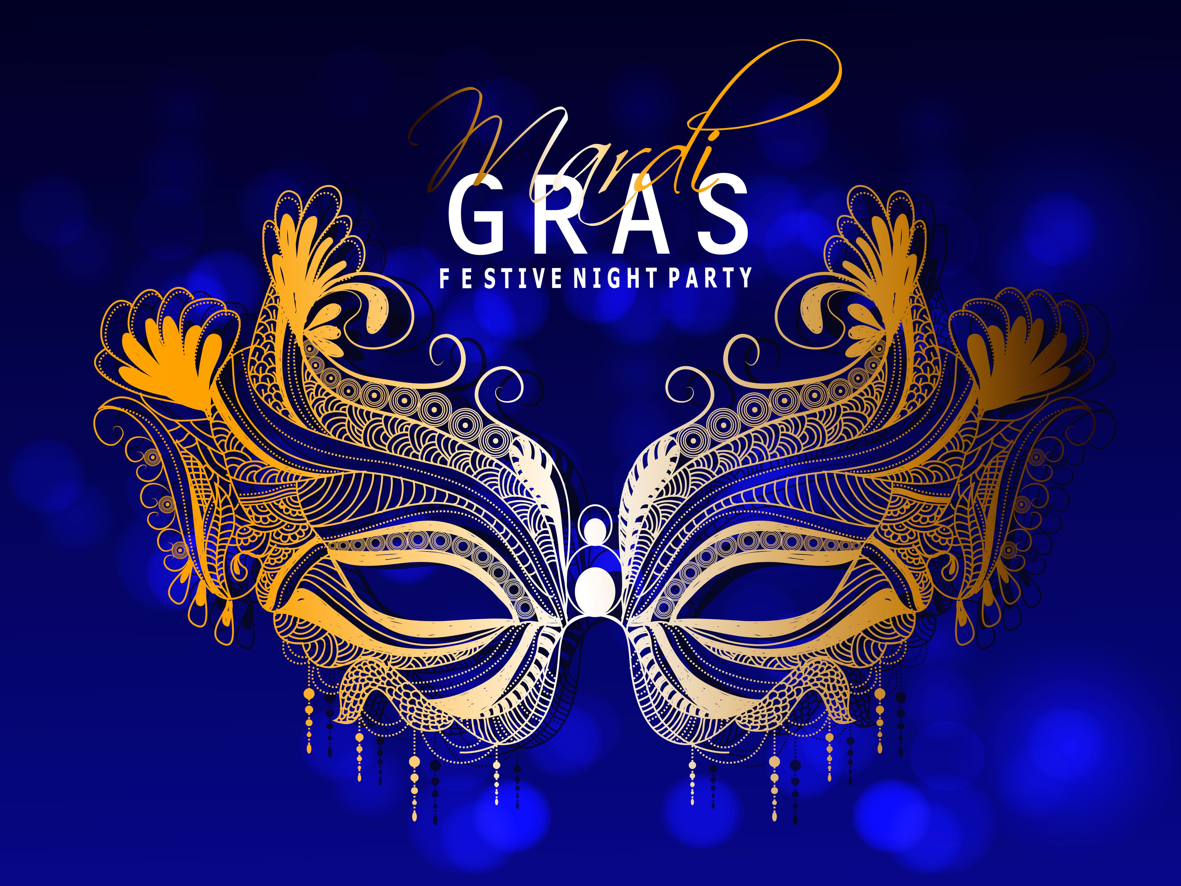New Orleans Mardi Gras themed event decoration — ornate gold masquerade mask on deep blue background
